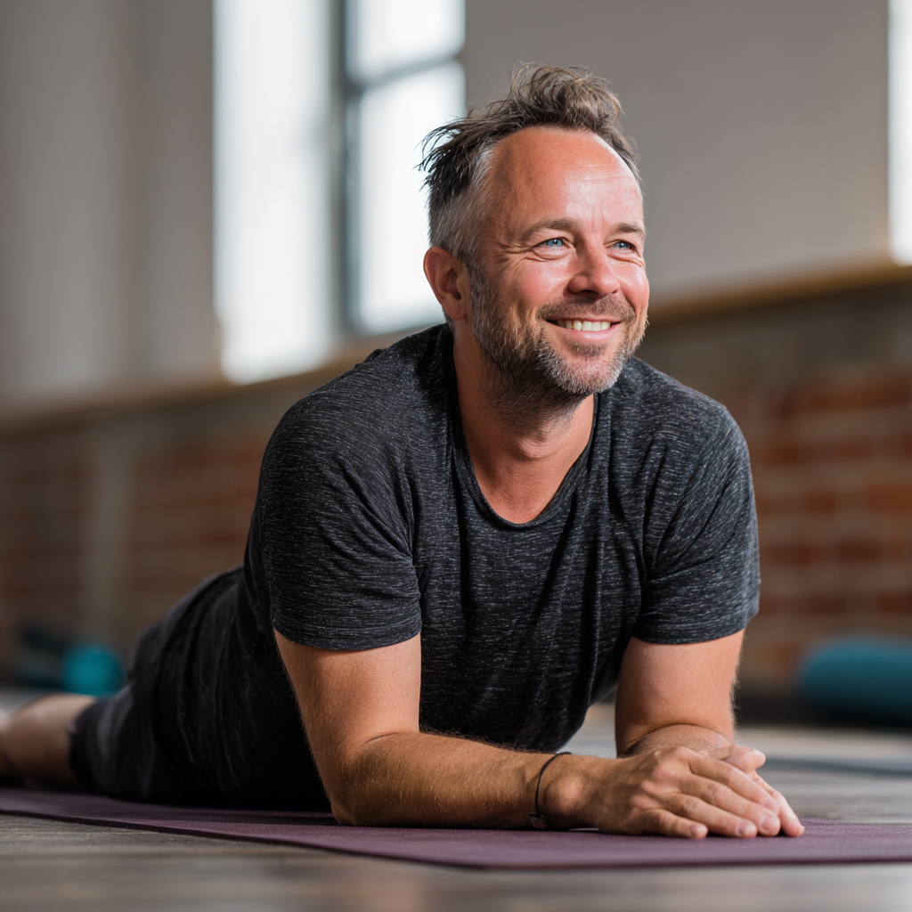 Peaceful Slovak adult practicing mindful yoga poses in natural morning light, demonstrating body awareness and gentle movement