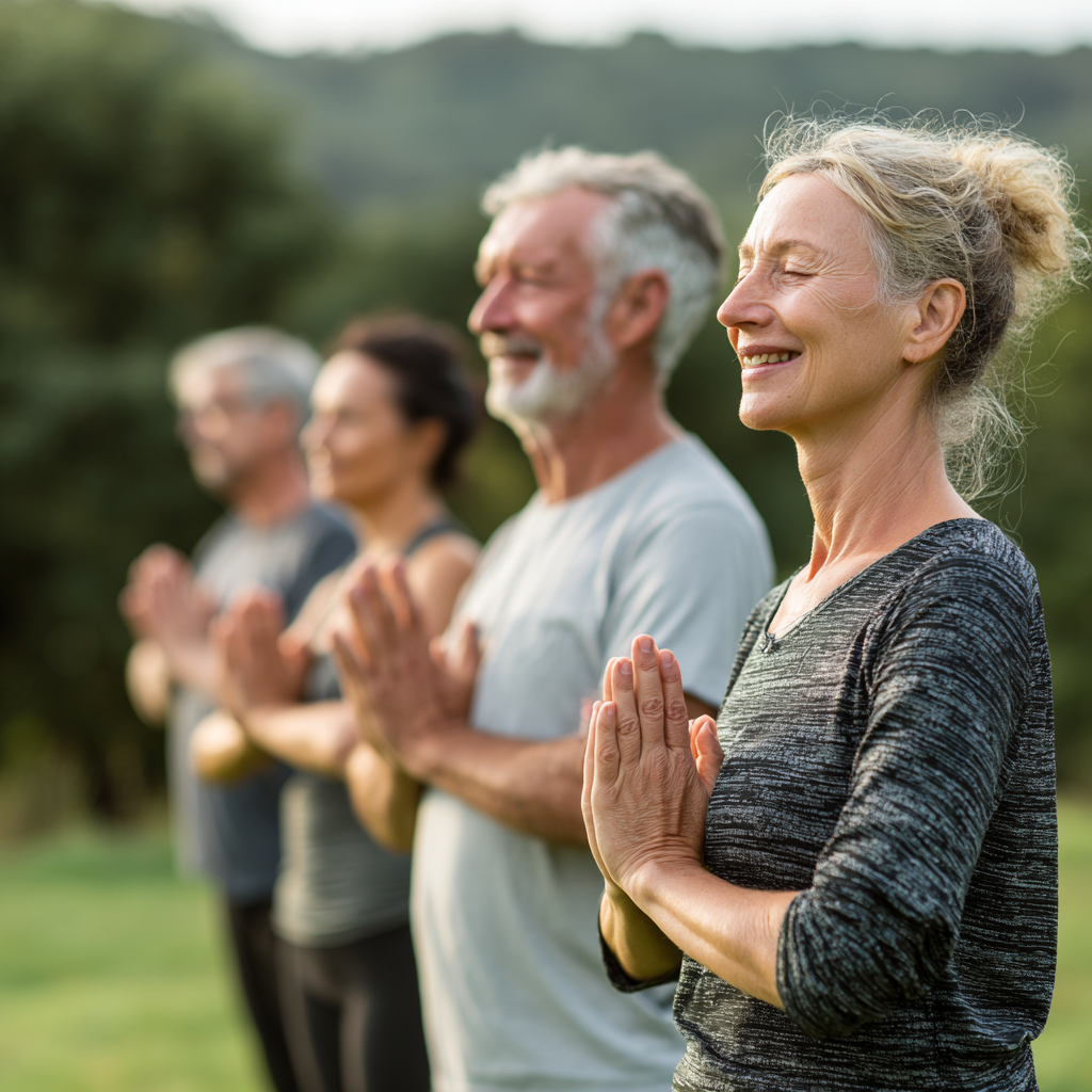Group of diverse Slovak adults practicing gentle yoga together in a warm, natural indoor setting with soft lighting